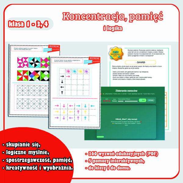 Etykieta produktu_Pakiet Koncentracja i pamięć Koncentracja i pamięć, logika - odblokuj możliwości dziecka!