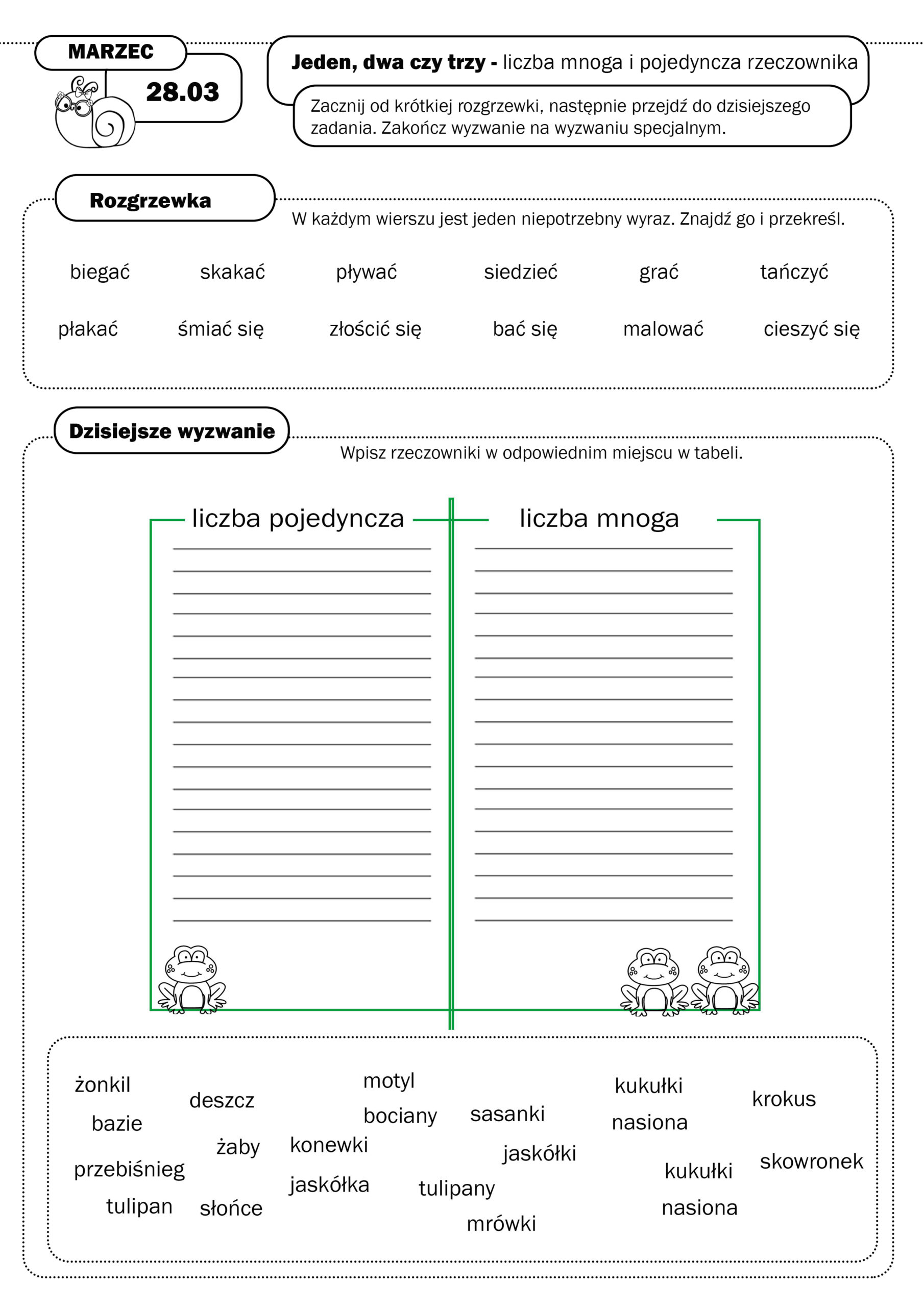 Karta pracy 28 marca — Liczba mnoga i pojedyncza rzeczownika